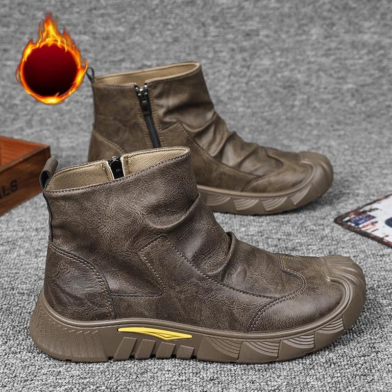 Fashion Men's Boots High Cut Workwear Men Shoes Autumn 2025 Flats Zipper Pleated Non Slip Comfort Thick Soled Wear-resistant Boots Men