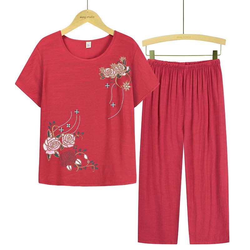 Summer Two-Piece Set: Short-Sleeved T-Shirt and Pajama Pants for Middle-Aged and Elderly Women