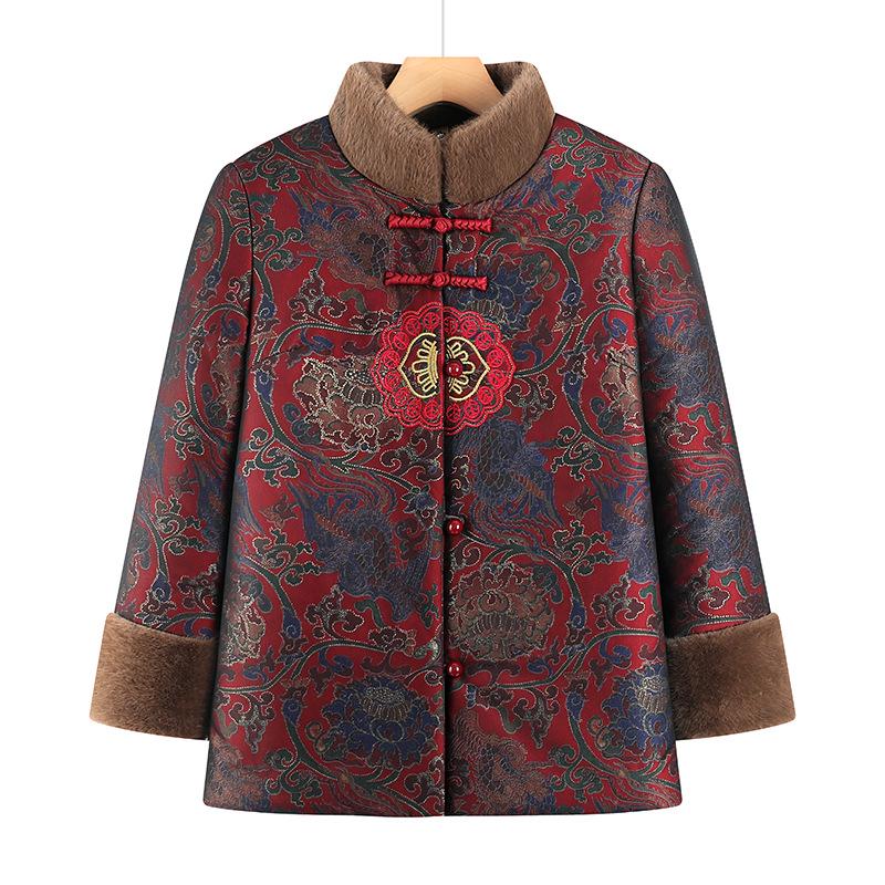 Elderly Women's Plus Velvet Thickened Cotton Winter Jacket - Warm Tang Suit Style