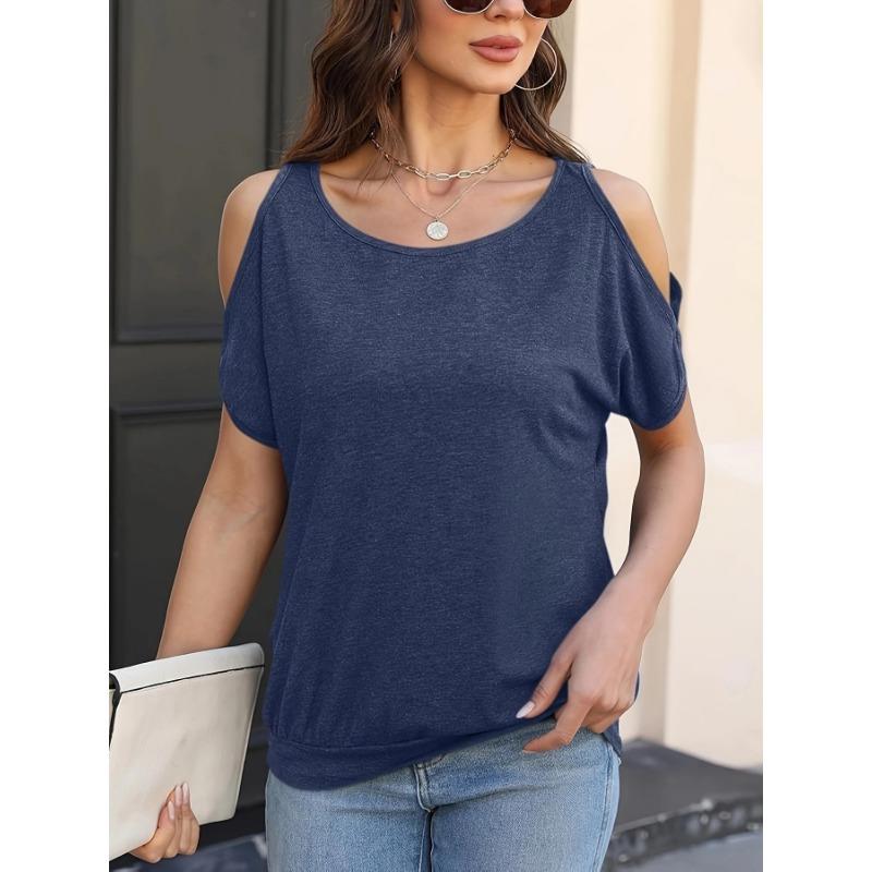 2025 Spring Summer Sexy Off-the-shoulder Short Sleeved Women Blouse Crew Neck Loose T-shirt Casual Simple Basic Solid Color Office Women Top Shirts