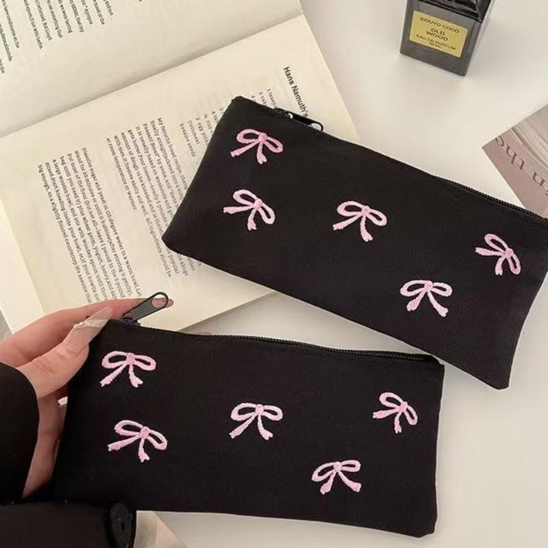 Large Capacity Stationery Bag Bow Embroidered Zipper Portable Pencil Pouch for Students Weekend Tutoring Class Use