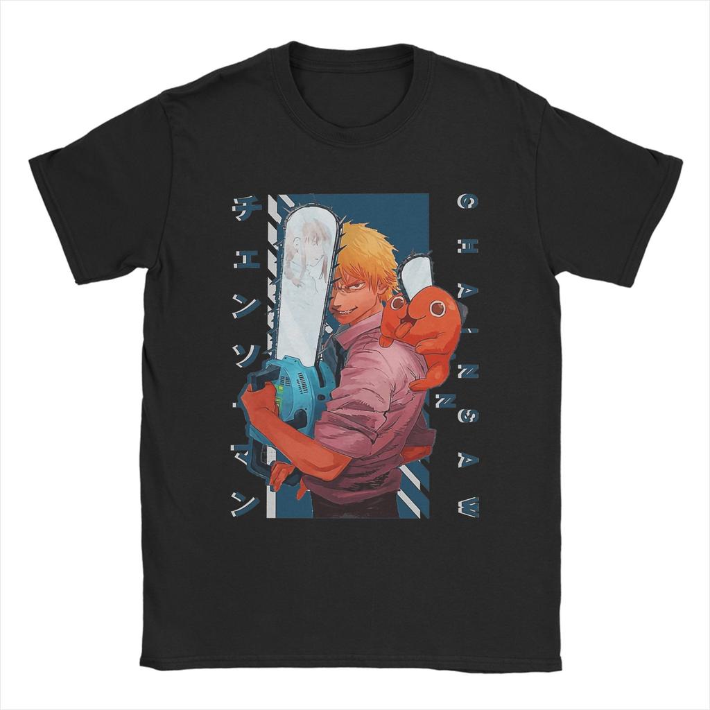 Vintage Denji And Pochita Chainsaw Anime T-Shirts Men Crew Neck 100% Cotton T Shirts  Short Sleeve Tee Shirt Gift Idea Clothing