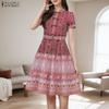 ZANZEA Women Casual Stand Collar Summer Short Sleeve Print Dress