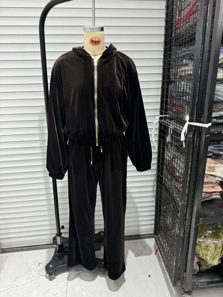 European & American Style Hooded Velvet Coat and Wide-Leg Pants - Autumn Collection