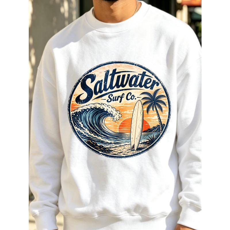 1pc Sweatshirt for Men, Vintage Retro Surfing Graphic Print, Casual Streetwear for Men Beach Summer, PLUS SIZE