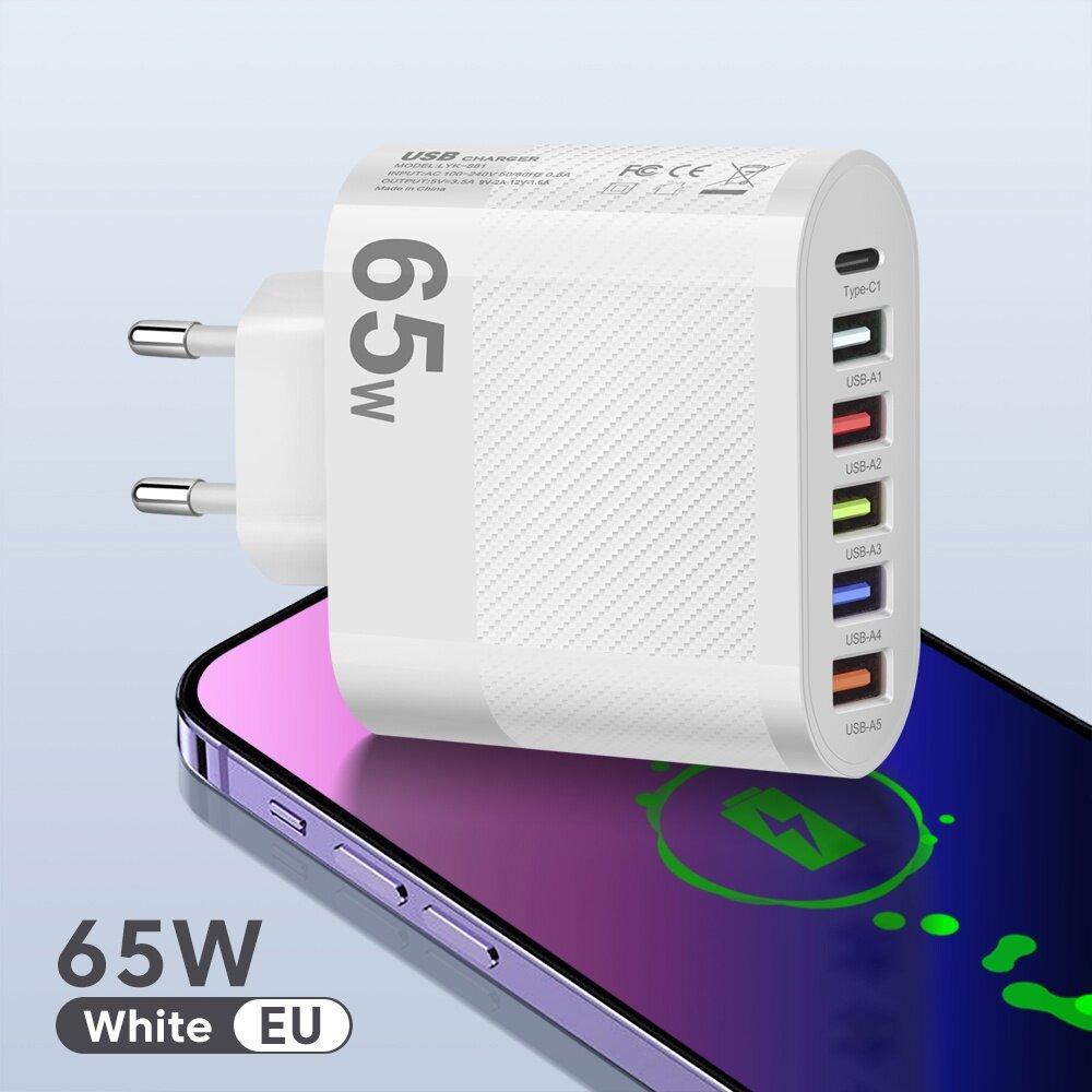 

65 Вт многопортовое USB зарядное устройство настенная зарядка для мобильного телефона адаптер зарядного устройства типа C White EU