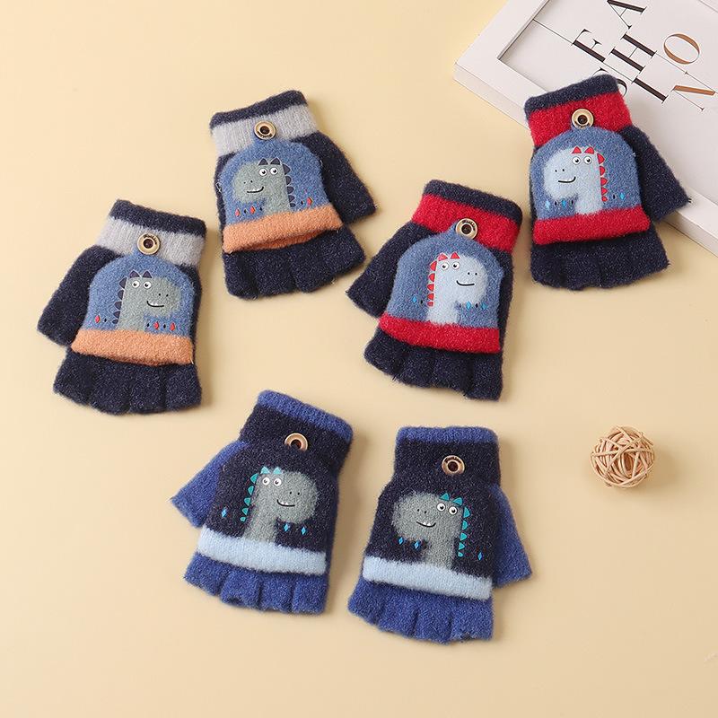 Children's Thickened Warm Winter Gloves Baby Knitted Outdoor Coldproof Gloves Flip Half Finger Men's Fleece Gloves