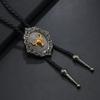 Mens Adjustable Leather Cord Bolo Tie with Enamel Metal Badge Pendant Western Rodeos Outfit Shirt Chain Necktie Necklace