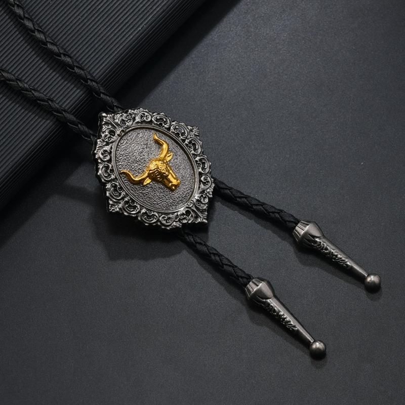 Mens Adjustable Leather Cord Bolo Tie with Enamel Metal Badge Pendant Western Rodeos Outfit Shirt Chain Necktie Necklace
