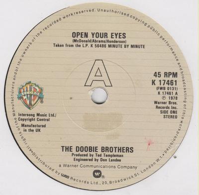 7inch Record DOOBIE BROTHERS - Open Your Eyes K17461 Warner Bros. Re 1979 UK Rock Used