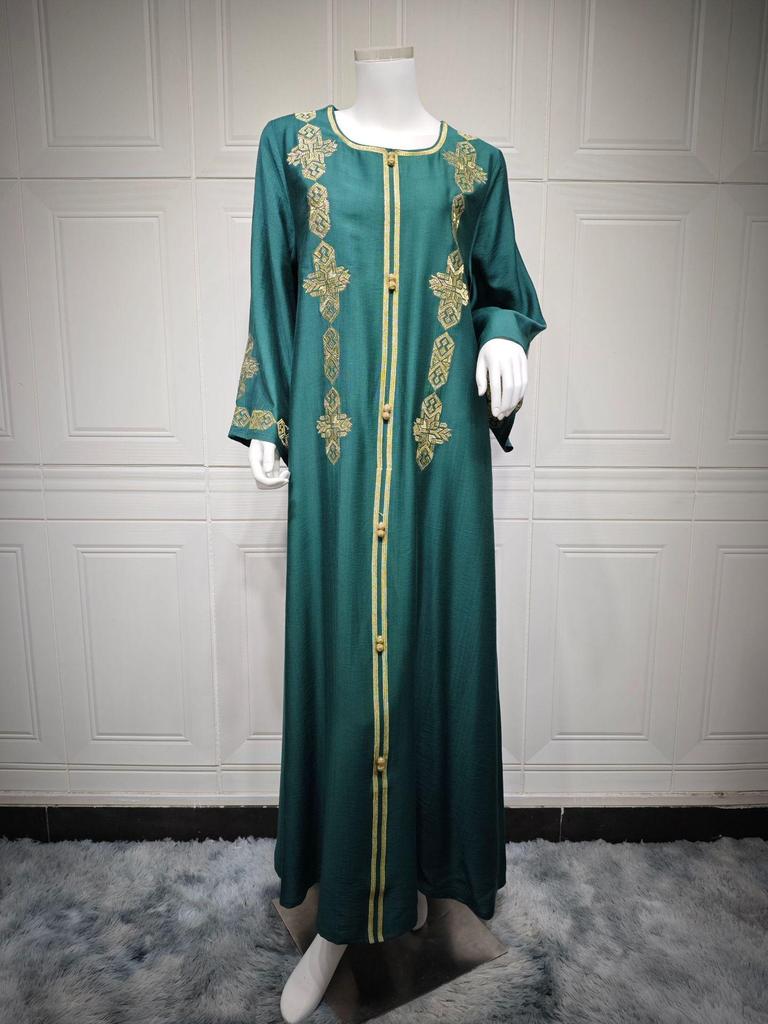 Middle Eastern Floral Embroidered Muslim Jalabiya Robe, Dubai Dress
