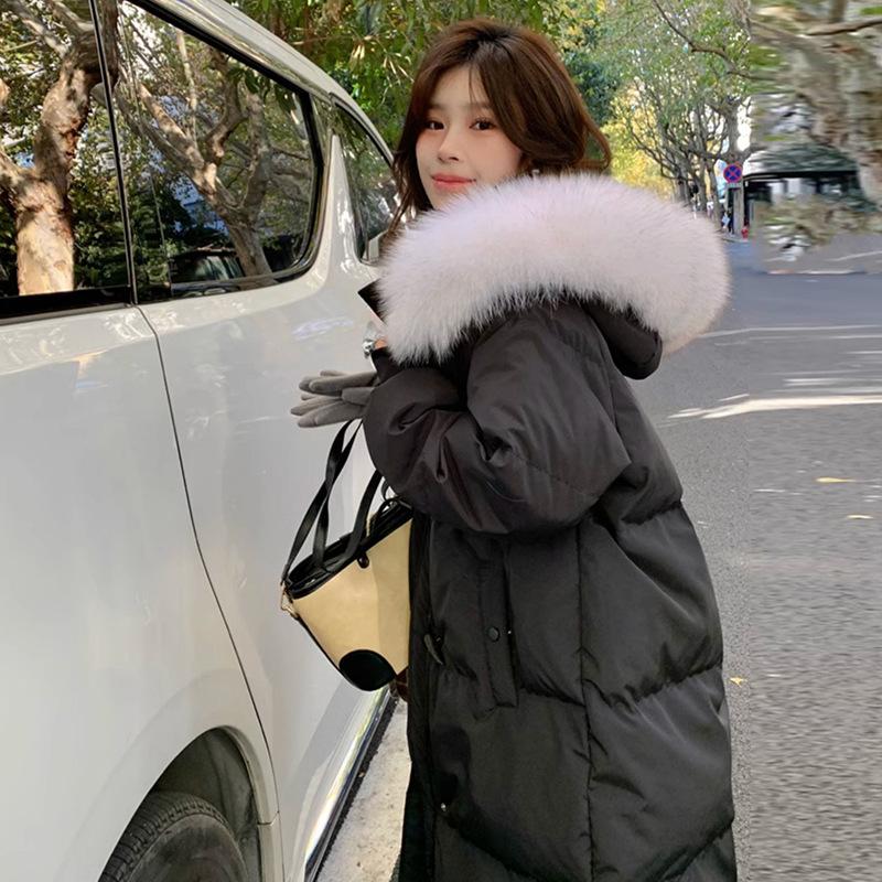 

Corner buckle fox big fur collar down jacket women s 2025 winter fashion sweet warm white duck down thickened knee jacket M