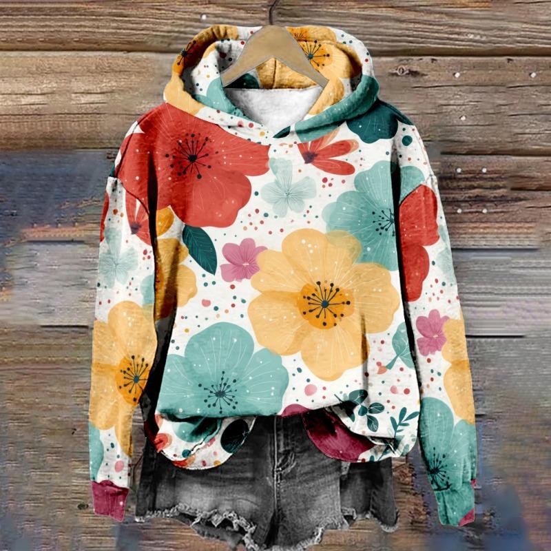Women's Floral Hoodie Hipster Winter Pullover Harajuku Loose-Fit Casual Sweatshirt Cozy Fleece-Lined Jacket Casual Streetwear