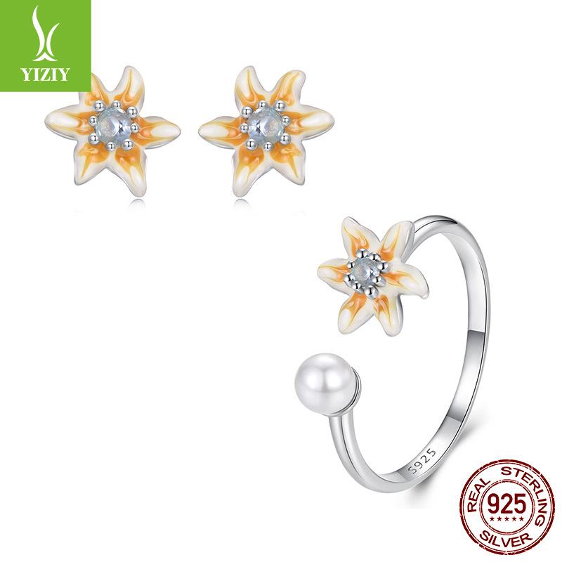 

Серебро 925 пробы Весна Новинка Маленький Желтый Цветок Открытое Кольцо Серьги Набор Ювелирных Изделий Свежий Женский Нишевый Легкая Роскошь 925 silver