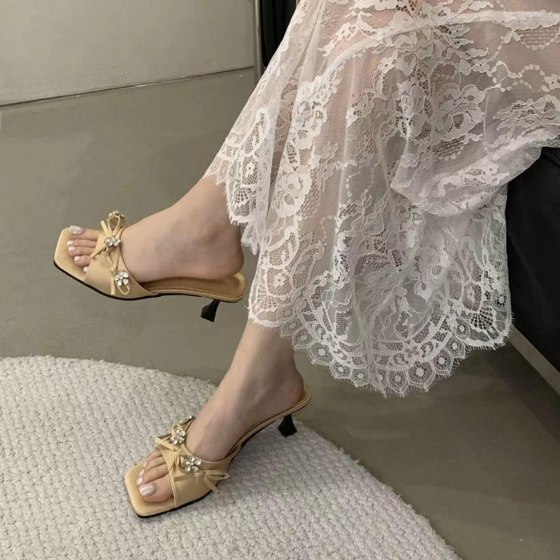 Fashion Bling Rhinestone Butterfly-knot Slippers Women Summer Sexy Open Toe Kitten Heel Design Slide Sandals Elegant Wedding Bridal Shoe