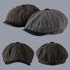British Retro Style Men's Casual Octagonal Hats Autumn Unisex Classic Stripe Painter Cap Japanese Women's Short-brim Newsboy Hat