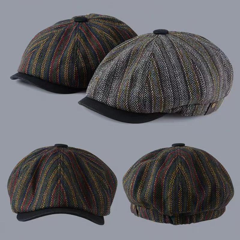 British Retro Style Men's Casual Octagonal Hats Autumn Unisex Classic Stripe Painter Cap Japanese Women's Short-brim Newsboy Hat