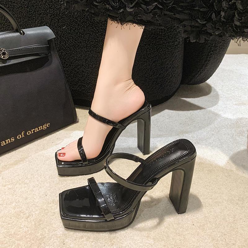Summer New Style Luxury Square Toe Thick High Heel Platform Slippers Ladies Chunky Sandals Transparent Shoes Women Zapatos Mujer