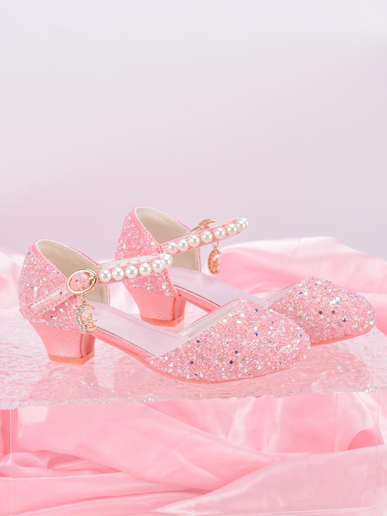 Sapatos de Salto Alto Estilo Princesa para Meninas Com Decoração de Pingente de Estrela Brilhante, Adequados Para Vestido e Festa de Aniversário