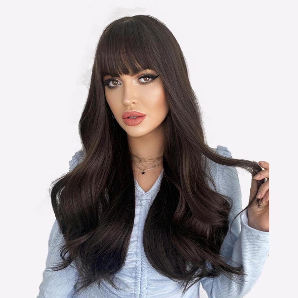 Voluminous Long Curly Wig with Feathered Bangs - Natural Looking Body Wave, Heat-Resistant Daily/Party/Wedding Hairpiece (Breathable Lightweight)