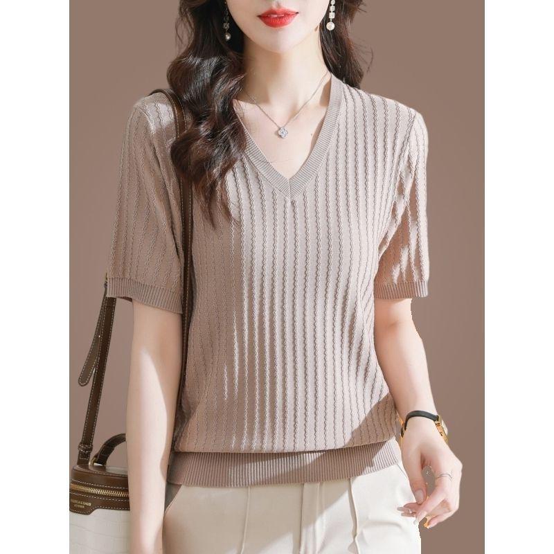 

Женская летняя трикотажная блузка топ с V-образным вырезом, свободного кроя, с коротким рукавом 2XL (recommended 136-145 jin)