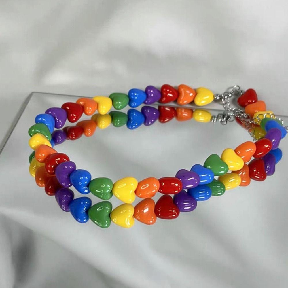 Chaîne de clavicule réglable Collier de perles cœur coloré Collier arc-en-ciel Cadeau de festival