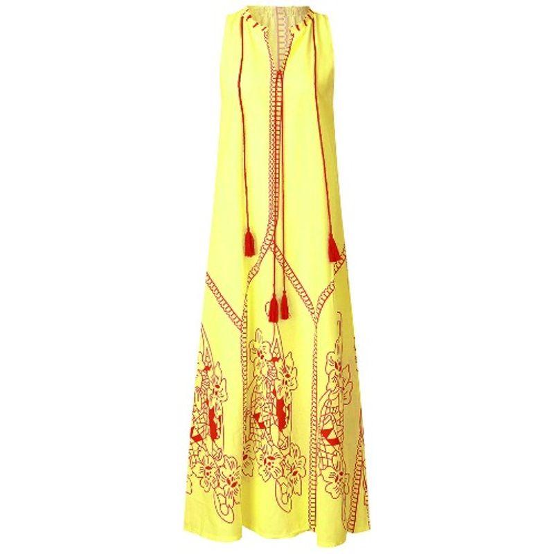 

Plus Size Summer Ethnic Style V Neck Print Sleeveless A- line Vest Dress Long Dress Holiday Beach Dress Female S-5XL Yellow 3XL