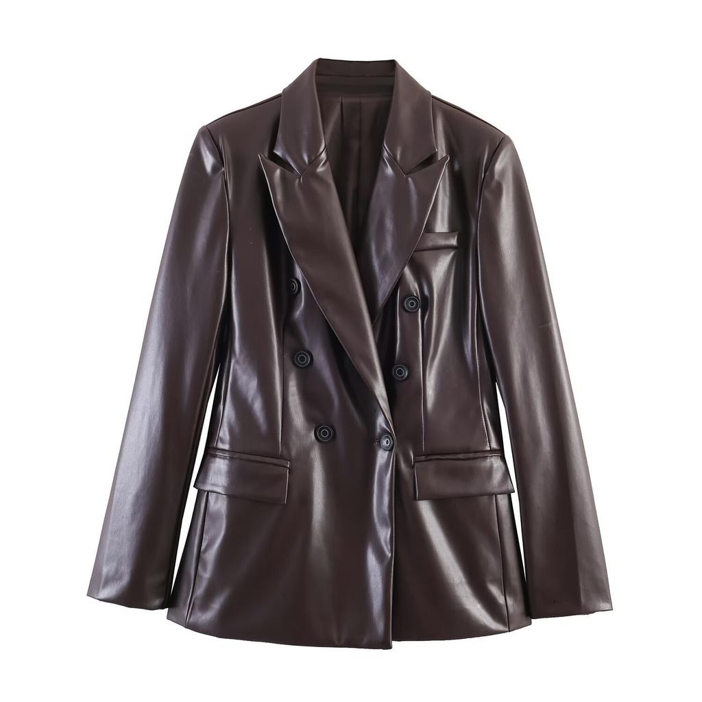European and American Style Wholesale Women's Fashionable Versatile Elegant Cross-border Dual-Collar Synthetic Leather Blazer