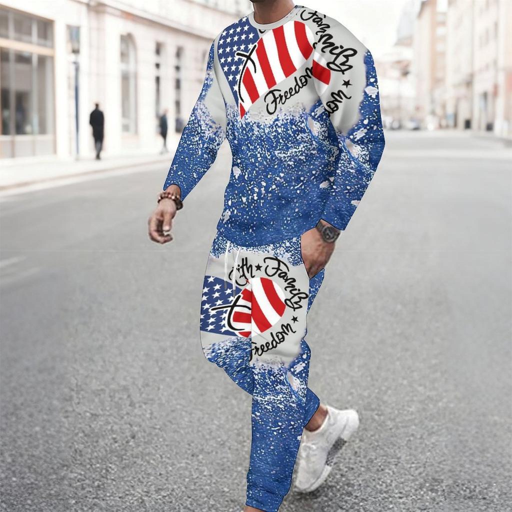 Men All Over Butterfly Floral American Flag Print Long Sleeve Sweatshirt And Drawstring Jogger Pants Two Piece Suit