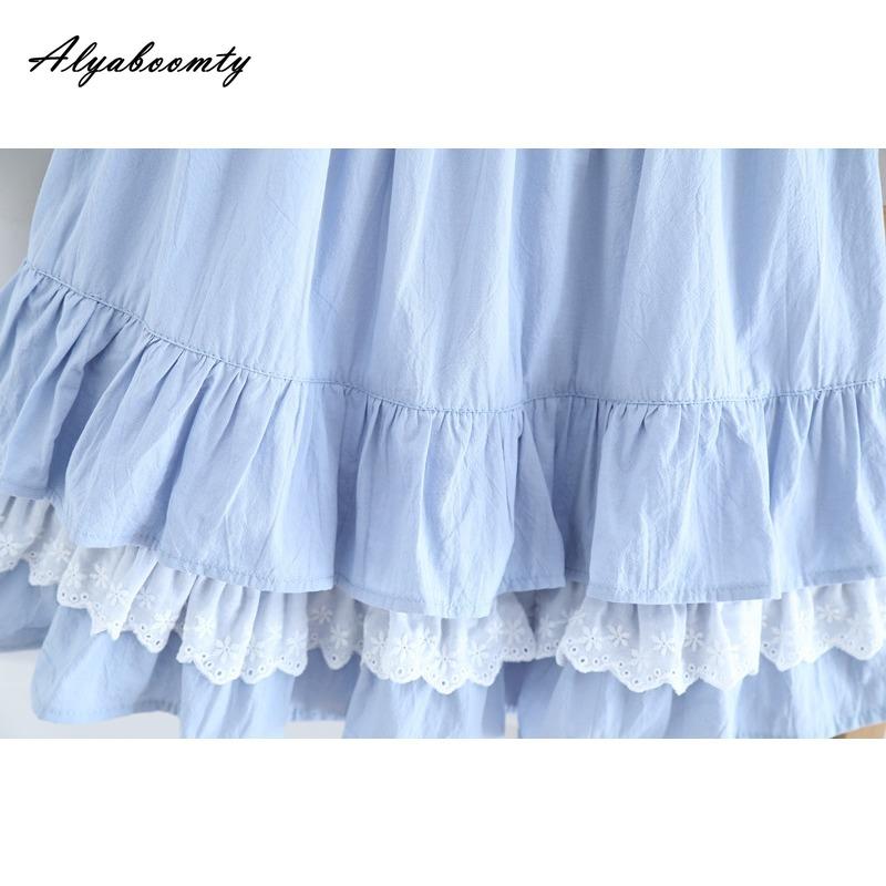 Stil Preppy Japonez Primăvară Vară Femei Mini Fustă Talie Înaltă Albastră Fustă Bal din Bumbac Broderie Dantelă Volane Fuste Scurte