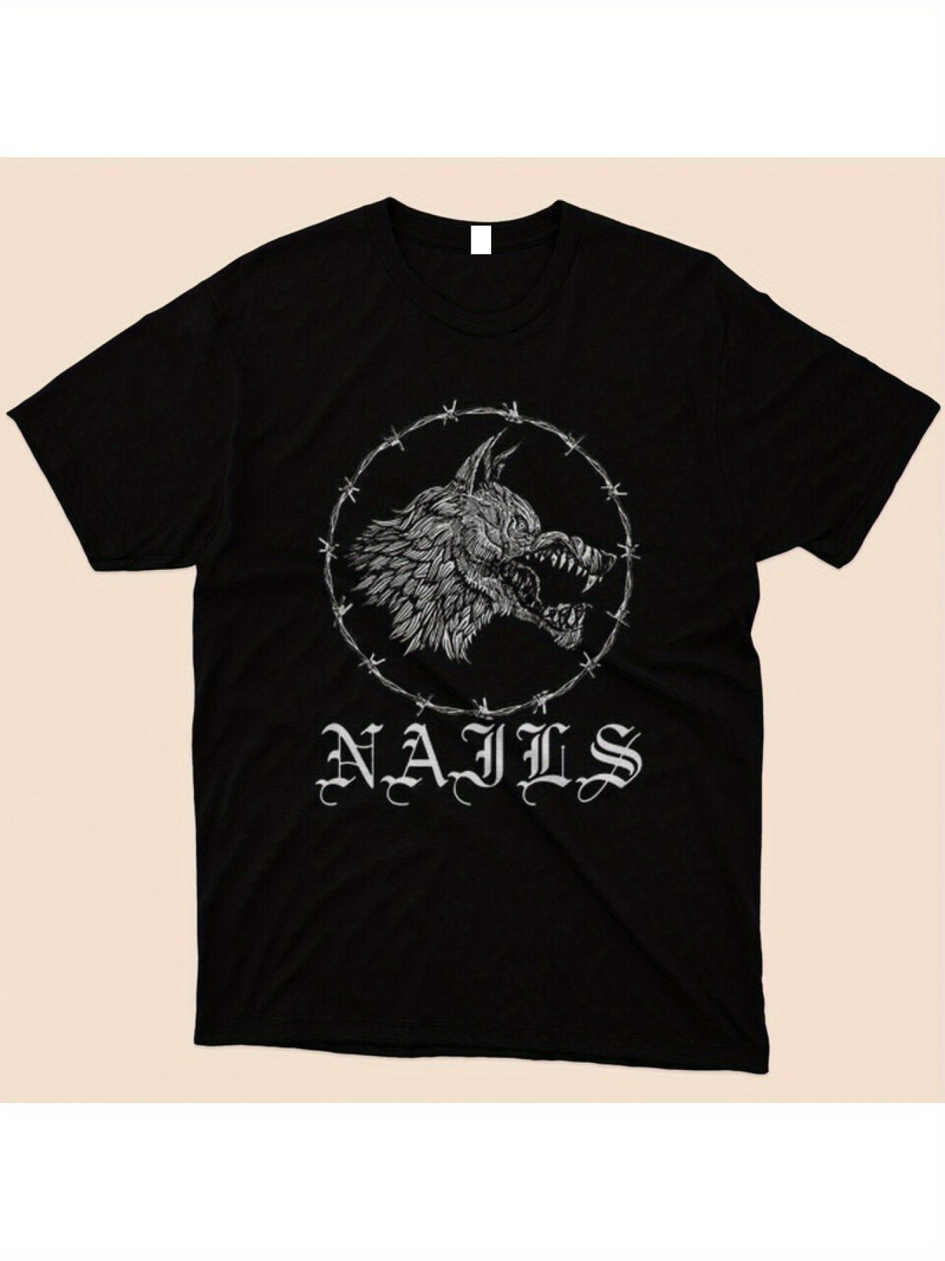 

Nails Band Logo & Iconic Nail & Wolf Graphic T-Shirt - Unisex Black Rock Tee for & XXXXL