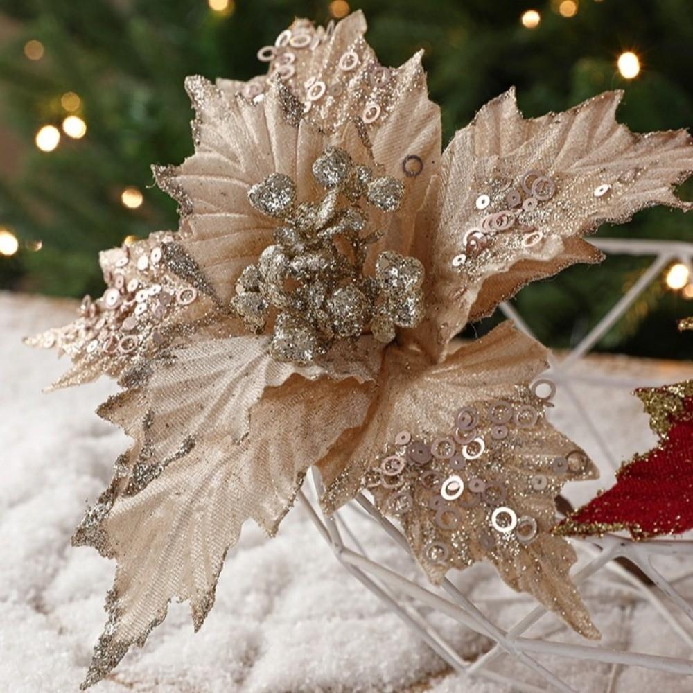 Glitter Artificial Poinsettia Flower Sequins Simulation Flowers Sequins Flower  New Year Festival