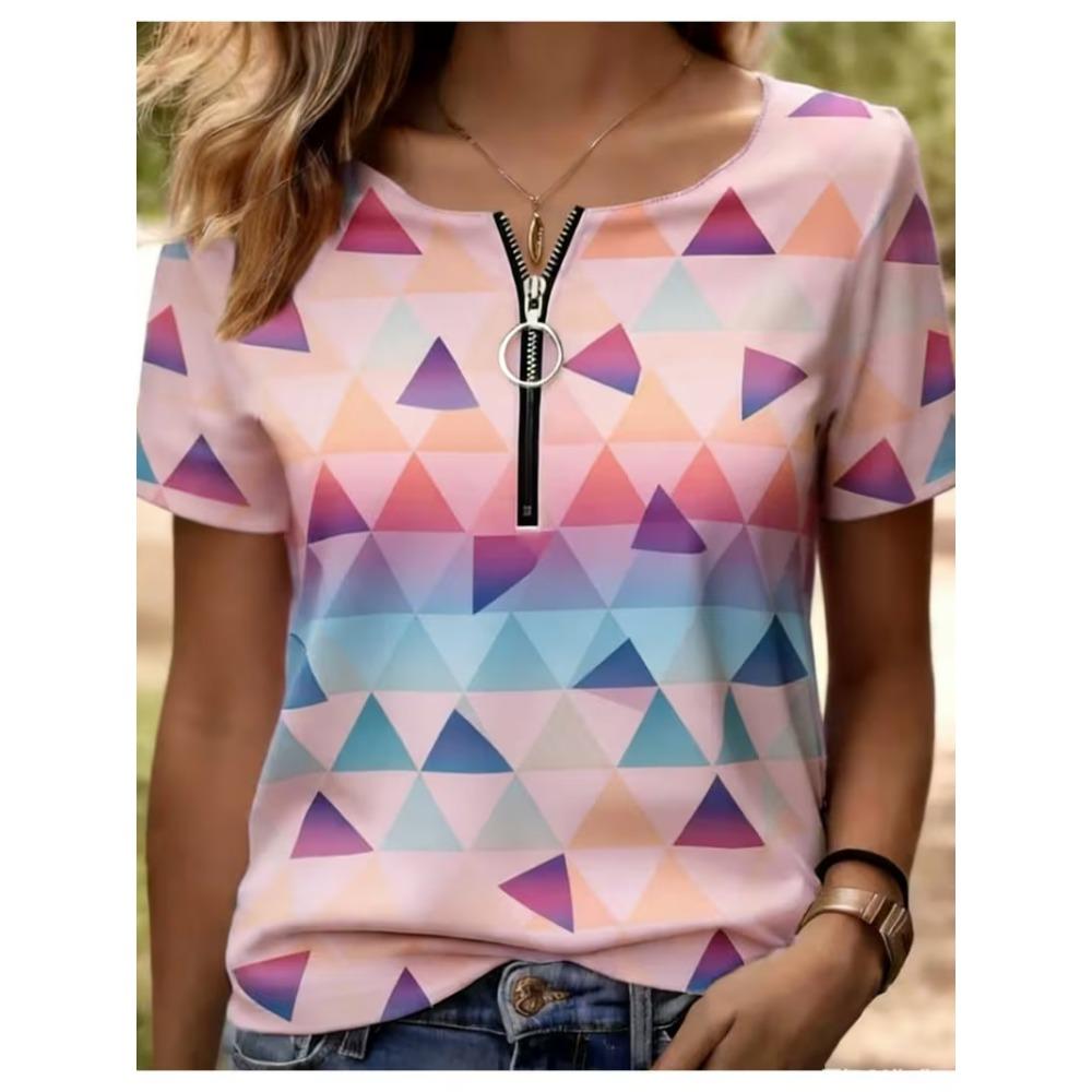 Summer Loose T-shirt Fashionable and Elegant Zipper V-neck Color Blocked Printed T-shirt Plus Size Women's Short Sleeved Shirt