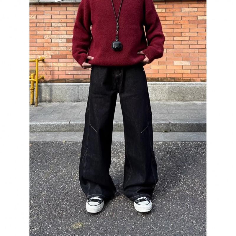Mens Black Wide Leg Straight Fit Denim Pants Vintage Washed Loose Casual Trousers Streetwear