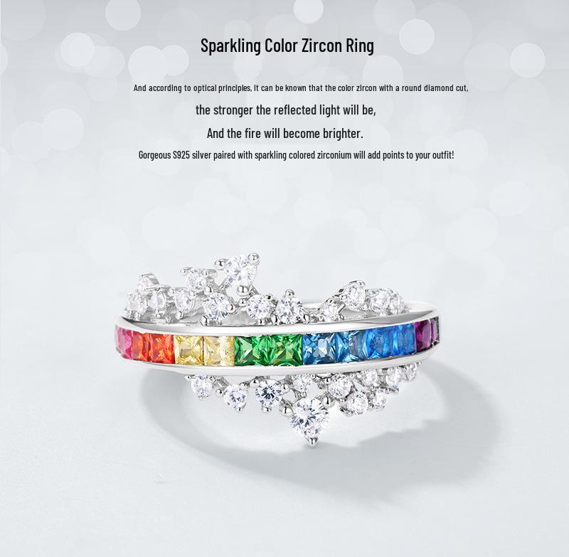 S925 Silver Rainbow Zircon Ring with Colorful Gemstones, European and American Style