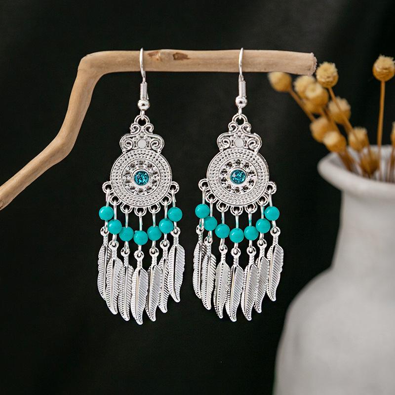 Bohemian Ethnic Tassel Earrings In Miao Silver with Turquoise