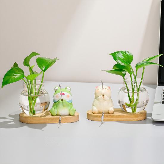 Mini Plant Propagation Station, Hydroponic Glass Vase with Cute Animals Figurine, Home Office Desks Aesthetic Decorations, Gift for Women Plant