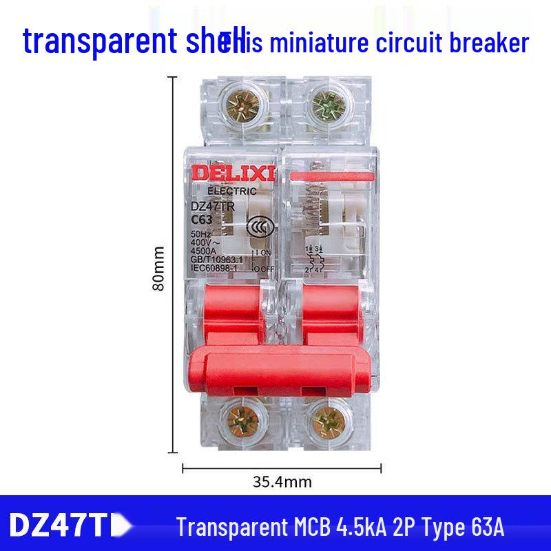Delixi Transparent DZ47TR Mini Circuit Breaker 2P 40A/63A 220V Single-Phase Air Switch.