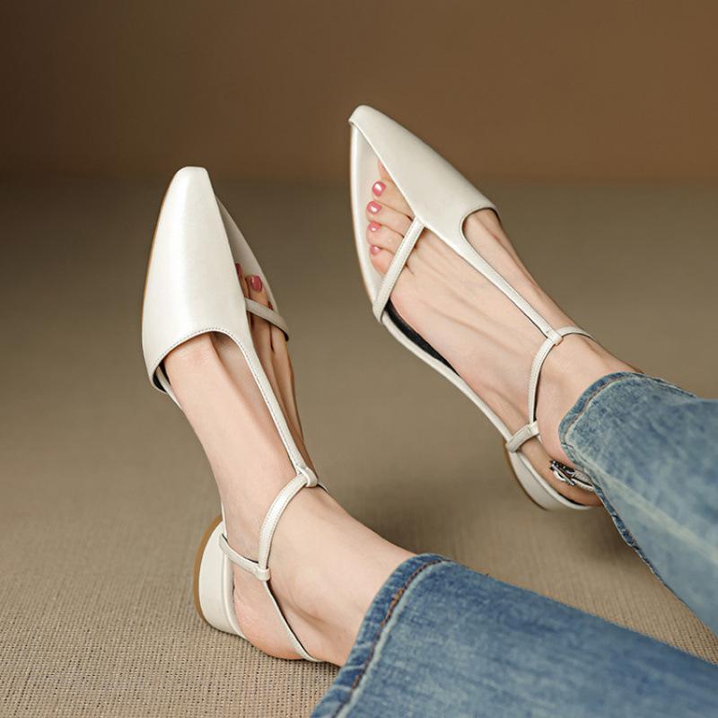 Leather Women's Bag Head Sandals Korean Version Women's Flat-soled Sandals Back Empty Sandals Summer New Beef Tendon Soft Bottom Pointed