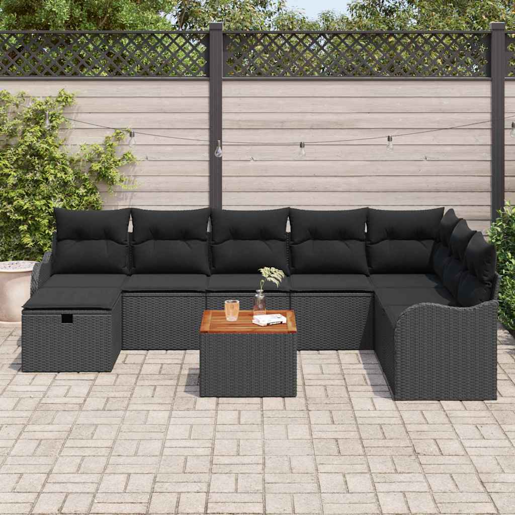 Garden Sofa Set with Cushions 9 pcs Black Poly Rattan