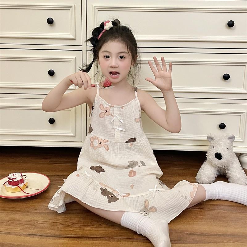 Girls Cotton Gauze Sleeveless Nightdress Loose Pajama Dress Kids 8 Years Cartoon Print