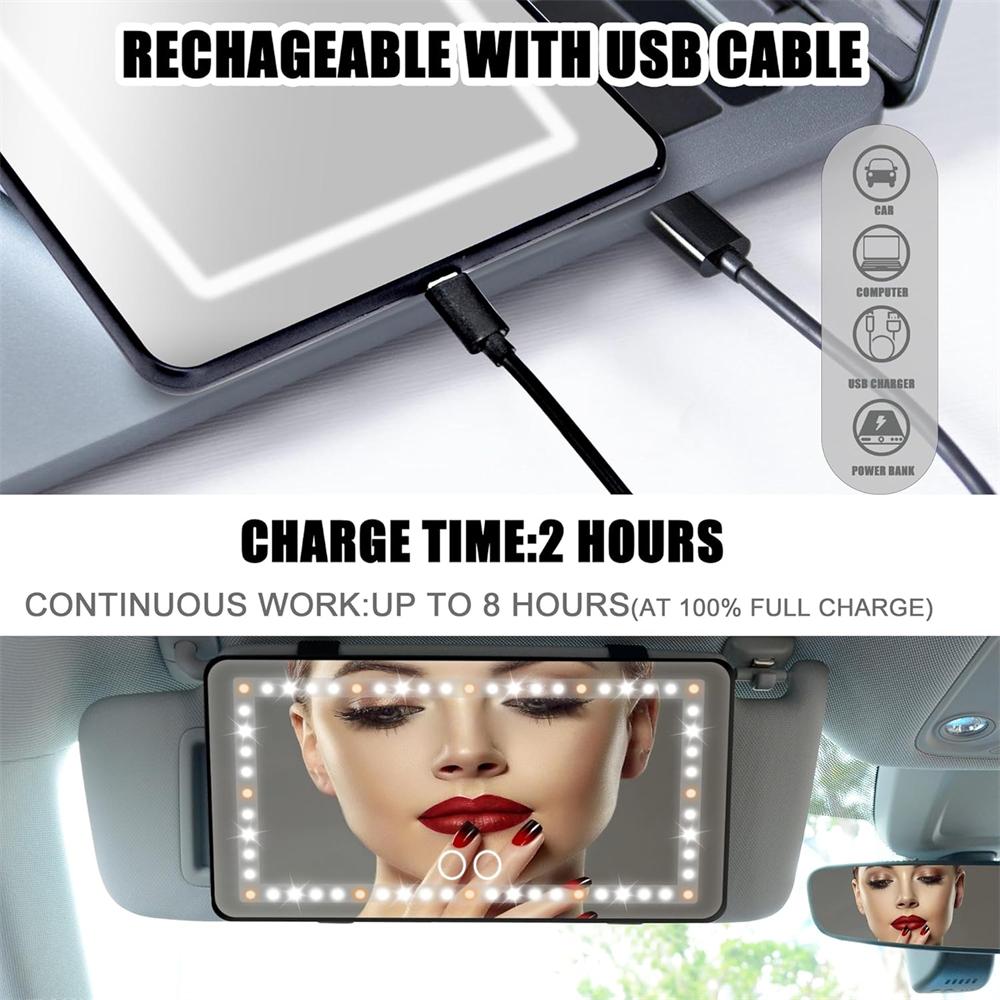 Car Sun Visor Vanity Mirror, Rechargeable Led Light Car Visor Mirror with 3 Lighting Modes,Travel Makeup Mirror with Dimmable Touch Screen for Car