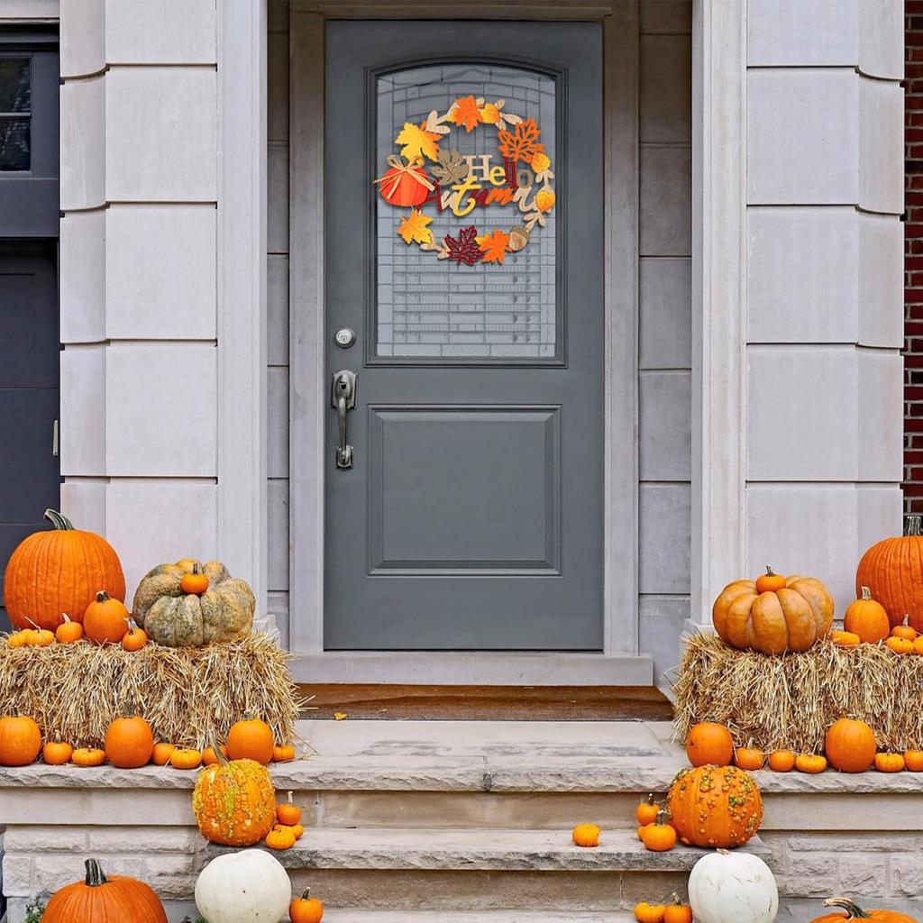 Fall Front Door Decor, 12 Inch Fall Wreaths for Front Door, 3D Wooden Fall Door Sign Hanging Pumpkin Maple Leaf Wreath with Autumn Sign for Harvest