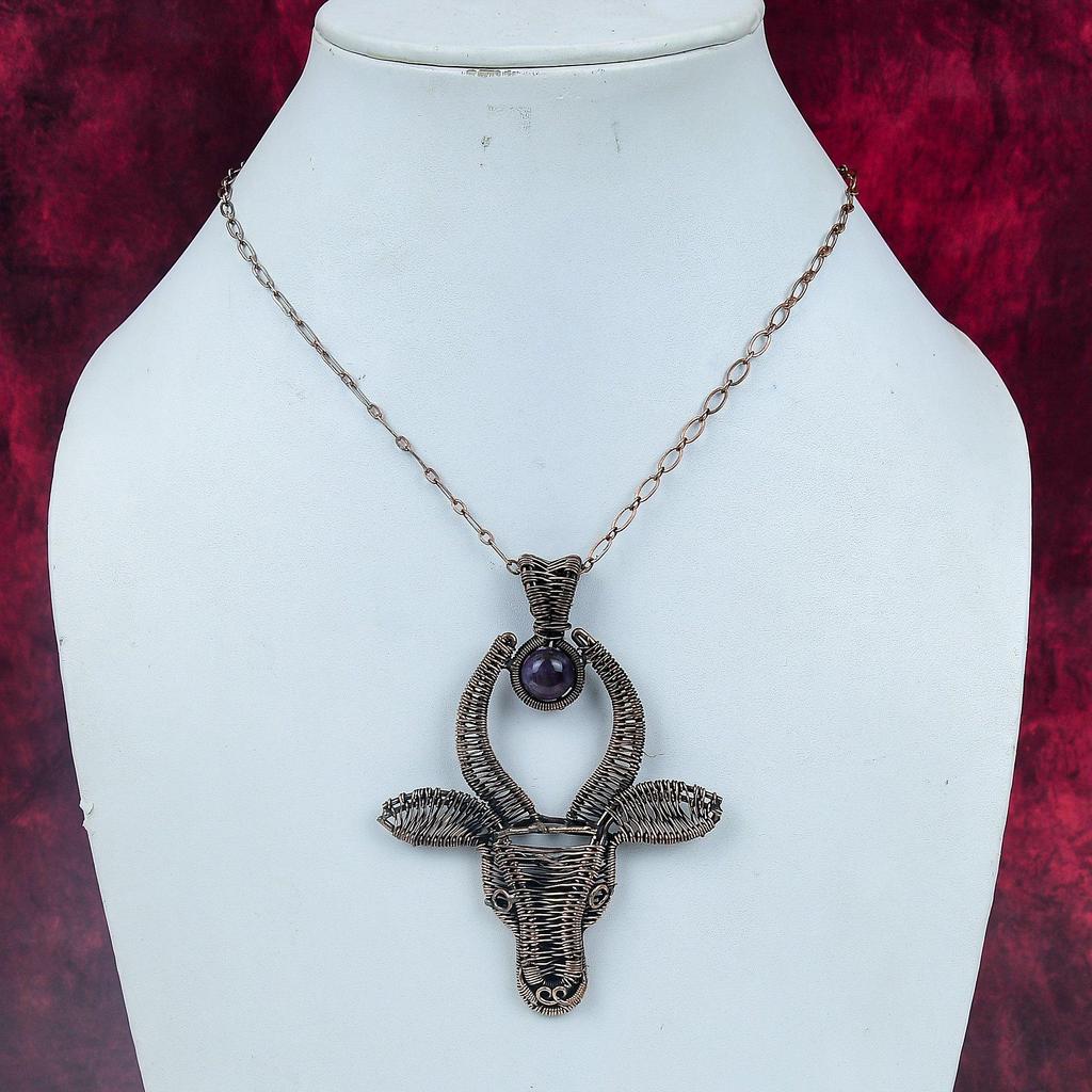 African Amethyst Pendant Cow Face Pendant Gemstone Copper Wire Wrapped Jewelry