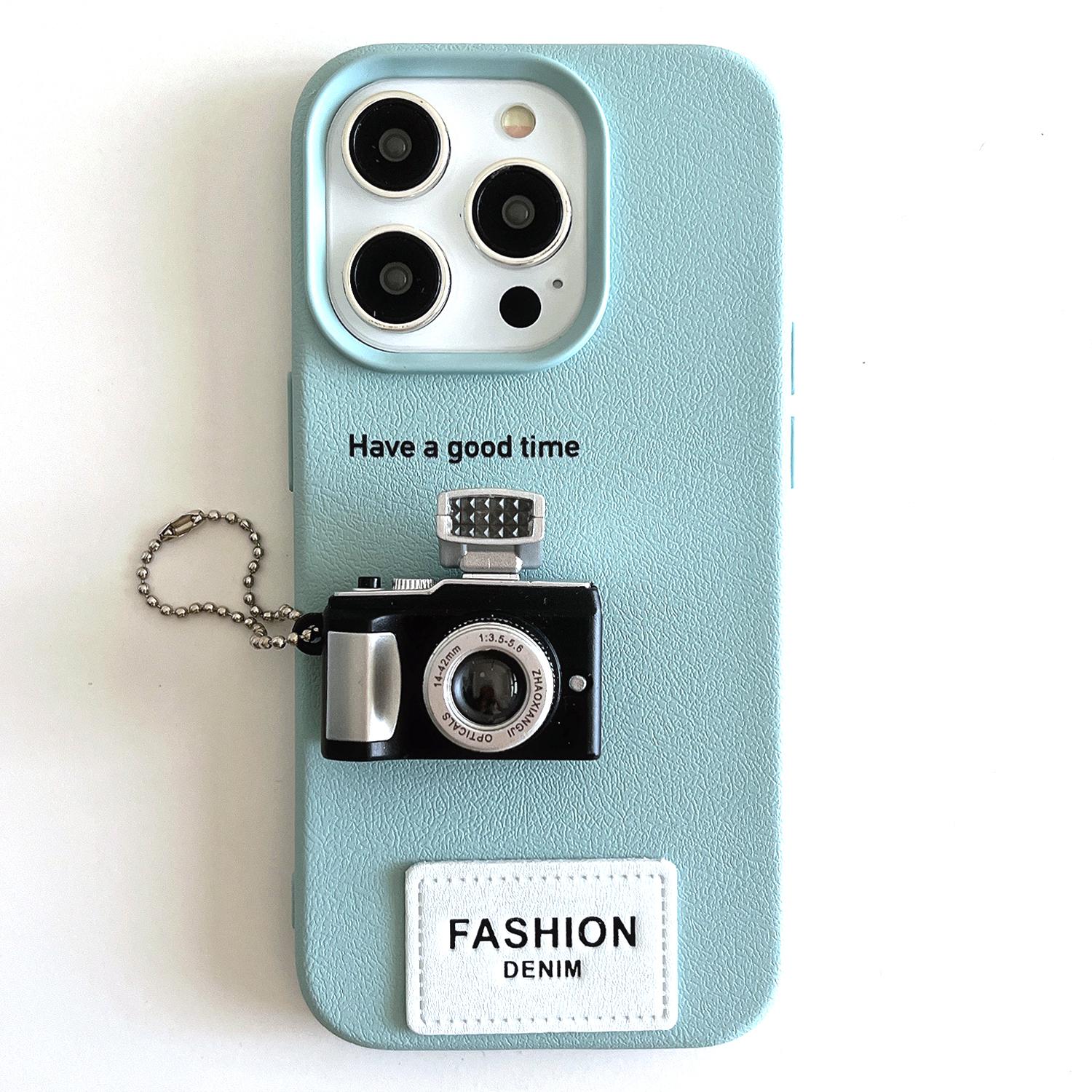 

For iPhone 16 Pro Case Stereo Camera Decor PC+PU Phone Protective Cover Cyan