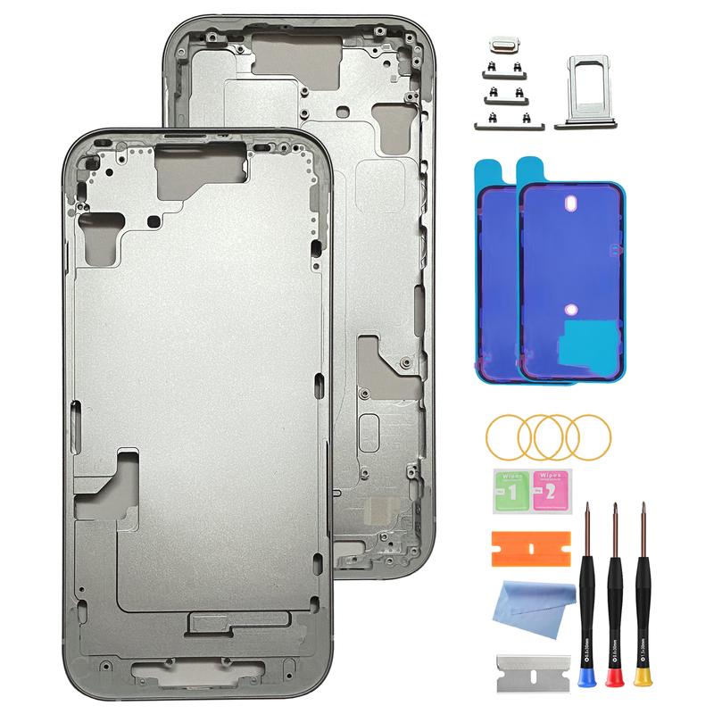 Back Housing for iPhone 15 (6.1-inch) with Glass Rear Cover, Middle Frame, SIM Tray and Repair Tools
