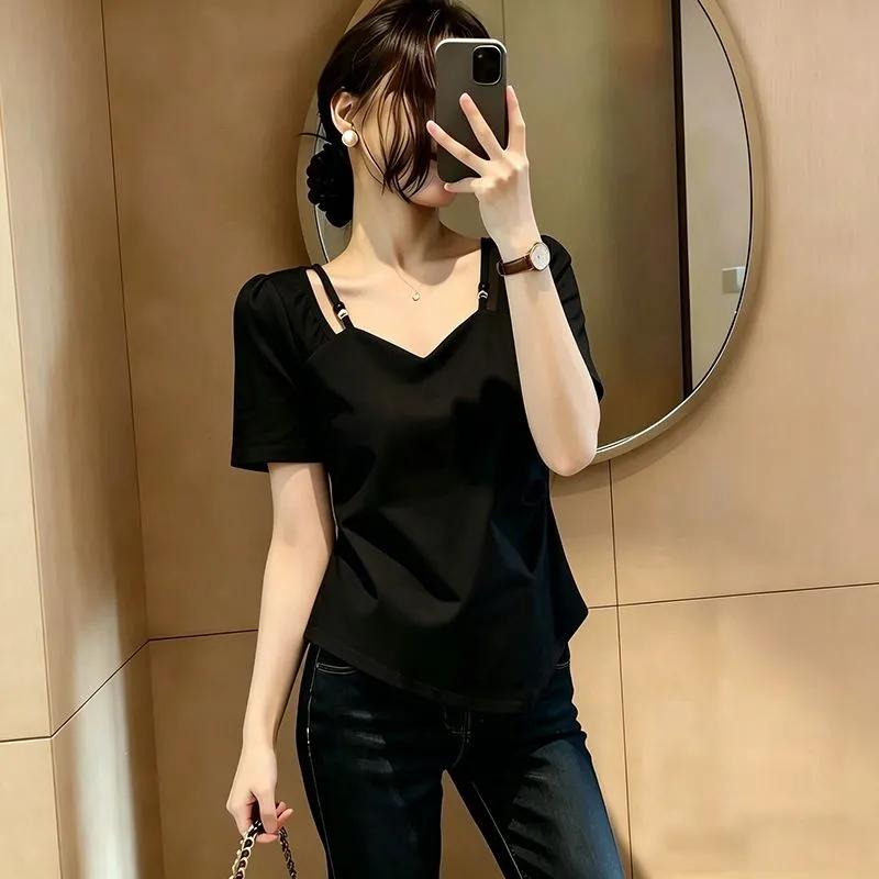 

Womens V Neck Double Strap Short Sleeve Casual Blouse M