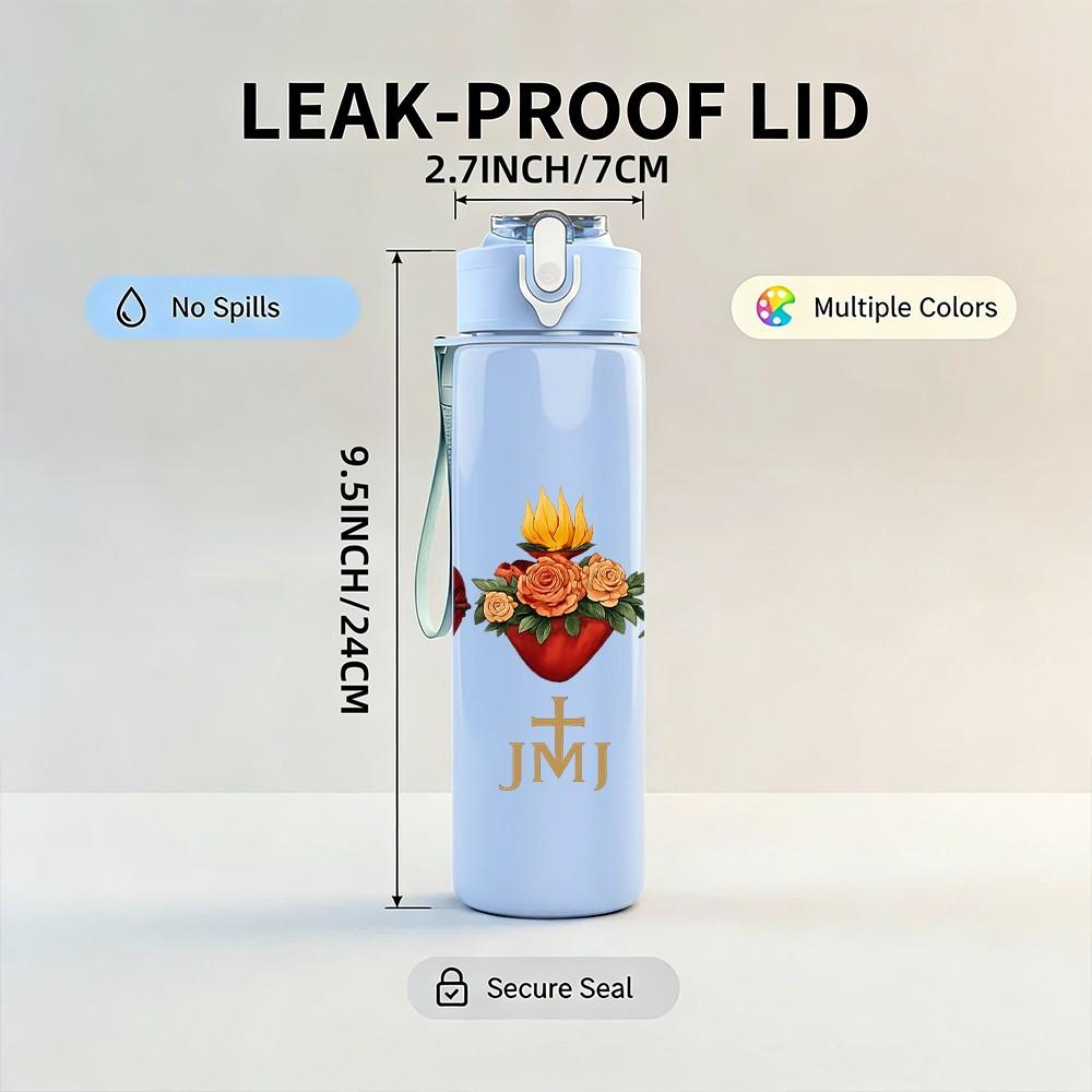 1PC Sacred Hearts JMN Floral 750ml Color Plastic Sports Water Bottle Leakproof Flip Straw Lid Suitable for Sports Office Home Use