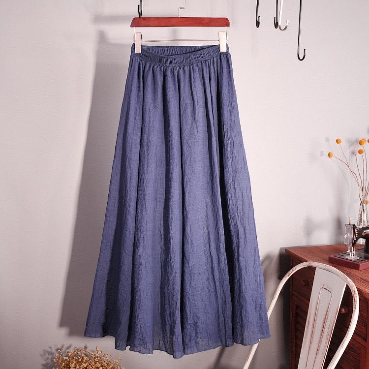 Women Summer Solid Vintage Pleated Long Skirts Ladies Elastic Waist Beach A-Line Skirt