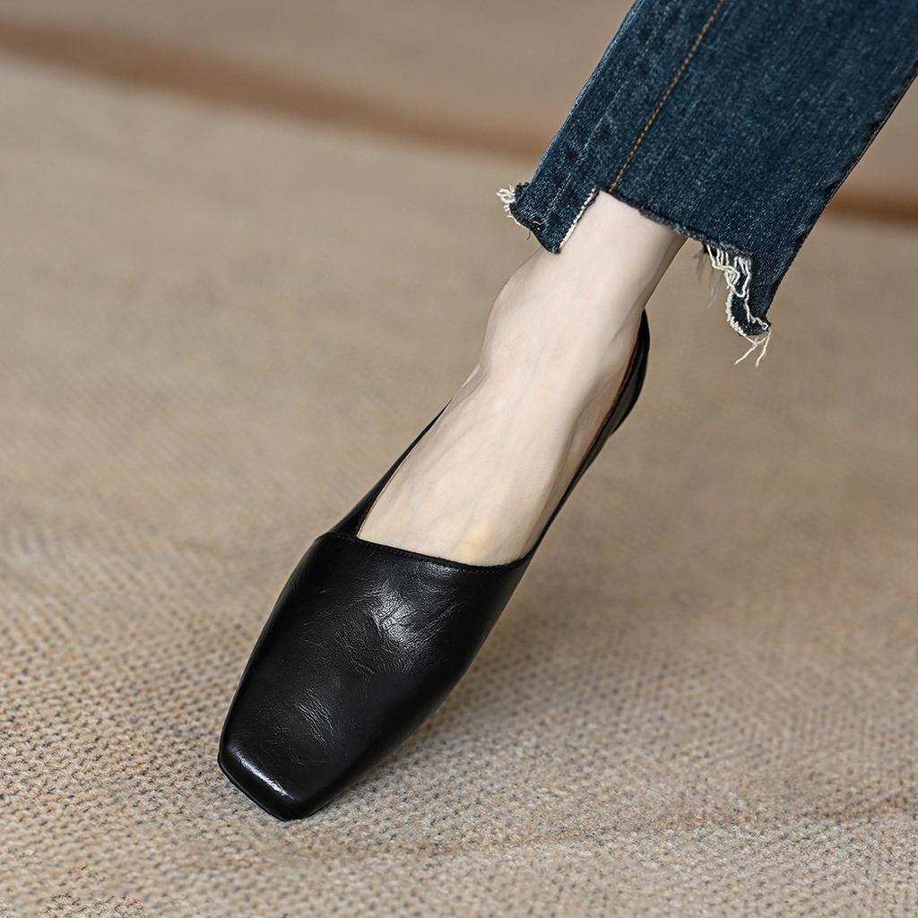 Square Head Single Shoes Women's 2025 New Loafers Spring French Medium Heel Thick Heel Commuter High Heels